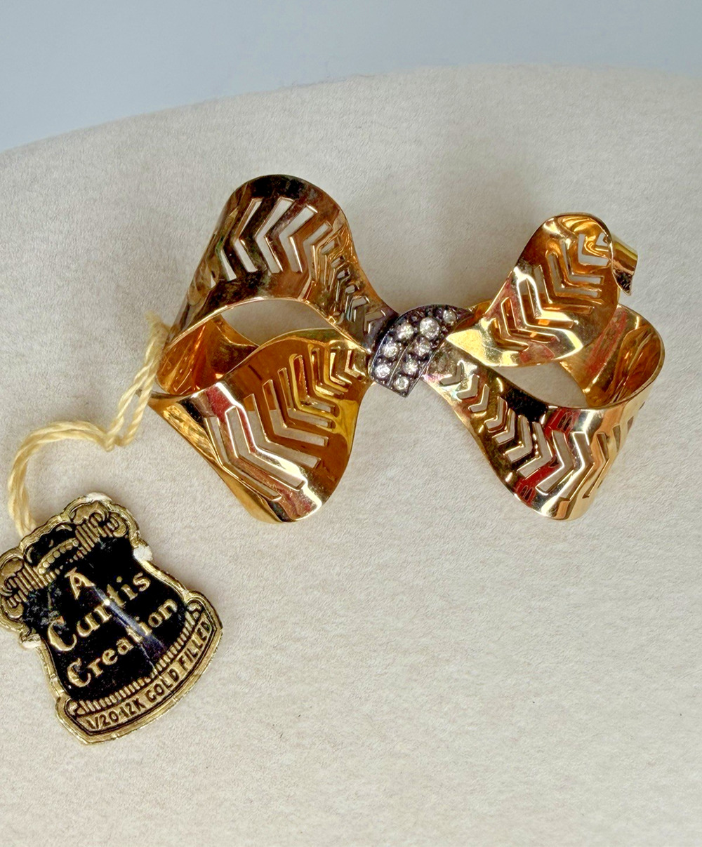 VTG Curtis Creation 12K Gold Filled Bow Brooch 30/3560 Clear Glass Rhinestones
